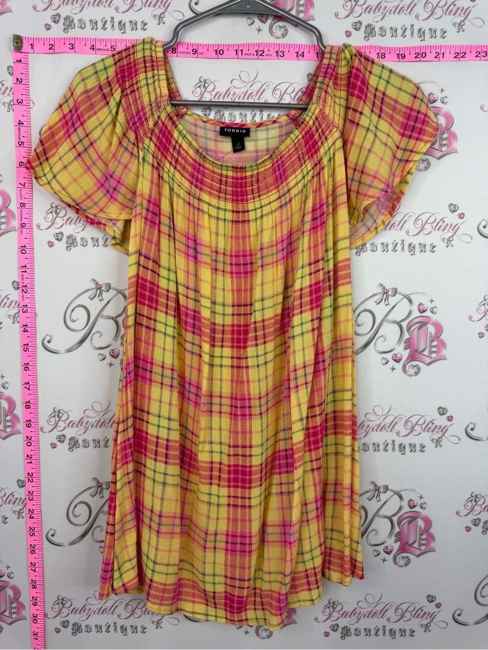 torrid shirt top Yellow and Pink Plaid Flutter Sleeve Tunic